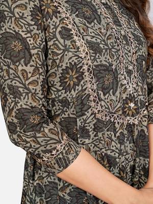 Women's Pittan Work & Floral Print Anarkali Cotton Grey Kurta 5