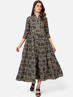 Women's Pittan Work & Floral Print Anarkali Cotton Grey Kurta 6