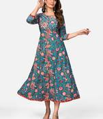 Women's Floral Print & Gota Patti Anarkali Cotton Turquoise Kurta