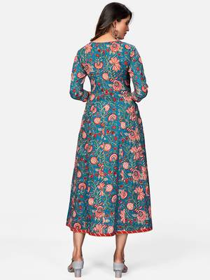 Women's Floral Print & Gota Patti Anarkali Cotton Turquoise Kurta 2