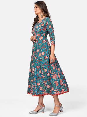 Women's Floral Print & Gota Patti Anarkali Cotton Turquoise Kurta 3