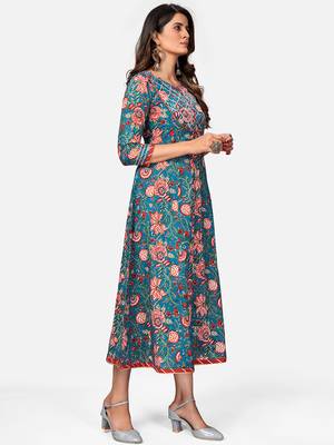 Women's Floral Print & Gota Patti Anarkali Cotton Turquoise Kurta 4