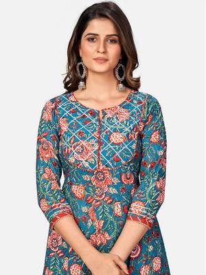 Women's Floral Print & Gota Patti Anarkali Cotton Turquoise Kurta 5