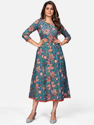 Women's Floral Print & Gota Patti Anarkali Cotton Turquoise Kurta 7