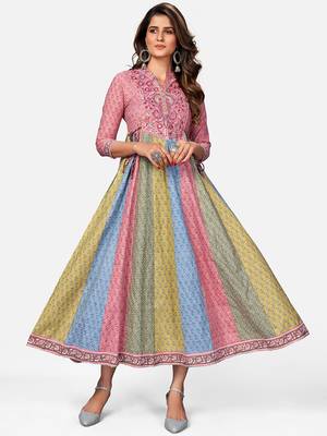 Women's Floral Print & Embroidered Anarkali Cotton Multicolor Kurta 1