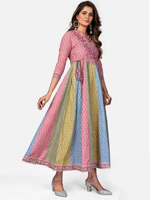 Women's Floral Print & Embroidered Anarkali Cotton Multicolor Kurta 3