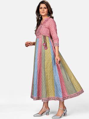 Women's Floral Print & Embroidered Anarkali Cotton Multicolor Kurta 4