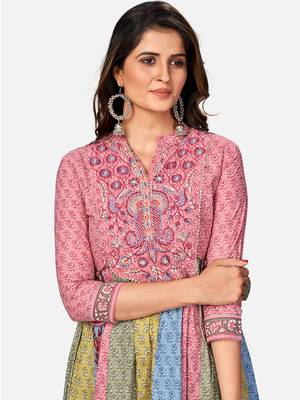 Women's Floral Print & Embroidered Anarkali Cotton Multicolor Kurta 5