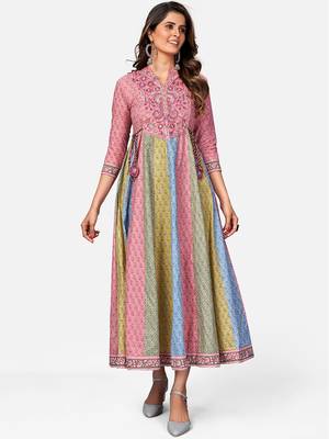 Women's Floral Print & Embroidered Anarkali Cotton Multicolor Kurta 7