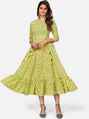 Women's Printed & Mirror Work Anarkali Cotton Yellow Kurta 1