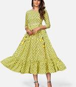 Women's Printed & Mirror Work Anarkali Cotton Yellow Kurta