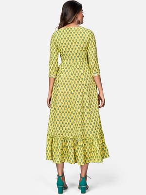 Women's Printed & Mirror Work Anarkali Cotton Yellow Kurta 2