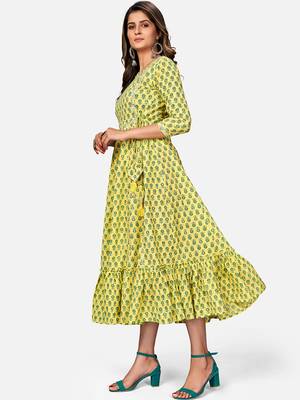 Women's Printed & Mirror Work Anarkali Cotton Yellow Kurta 3