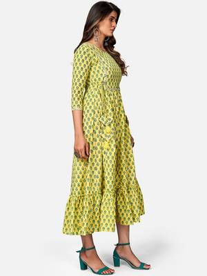 Women's Printed & Mirror Work Anarkali Cotton Yellow Kurta 4
