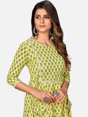 Women's Printed & Mirror Work Anarkali Cotton Yellow Kurta 5