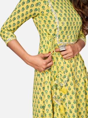 Women's Printed & Mirror Work Anarkali Cotton Yellow Kurta 6