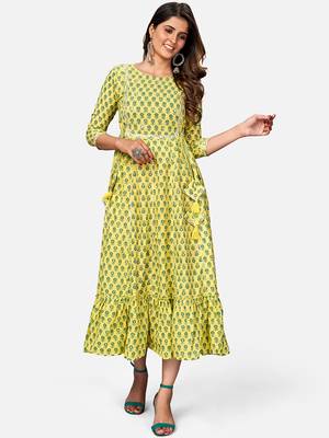 Women's Printed & Mirror Work Anarkali Cotton Yellow Kurta 7
