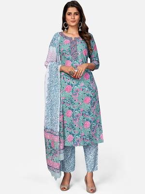 Women's Floral Print & Embroidered Straight Cotton turquoise Kurta,Pant & Dupatta 1