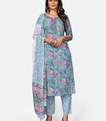 Women's Floral Print & Embroidered Straight Cotton turquoise Kurta,Pant & Dupatta