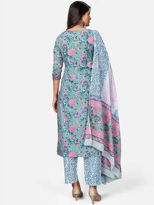 Women's Floral Print & Embroidered Straight Cotton turquoise Kurta,Pant & Dupatta 2