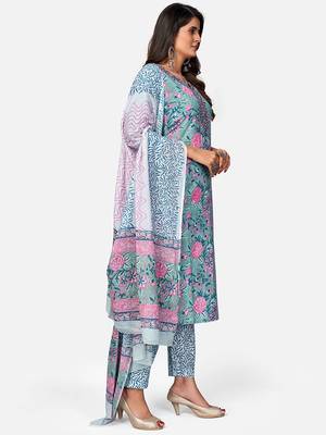 Women's Floral Print & Embroidered Straight Cotton turquoise Kurta,Pant & Dupatta 3