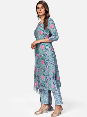 Women's Floral Print & Embroidered Straight Cotton turquoise Kurta,Pant & Dupatta 4