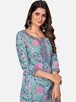 Women's Floral Print & Embroidered Straight Cotton turquoise Kurta,Pant & Dupatta 5