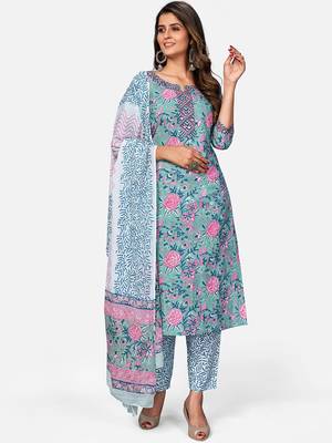 Women's Floral Print & Embroidered Straight Cotton turquoise Kurta,Pant & Dupatta 7