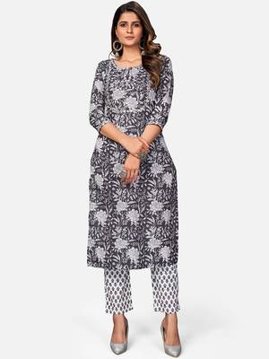 Women's Floral Print & Embroidered Straight Cotton Dark Grey Kurta With Pant 1
