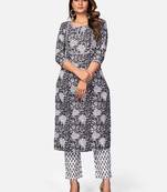 Women's Floral Print & Embroidered Straight Cotton Dark Grey Kurta With Pant