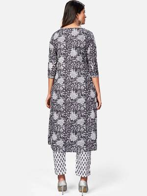 Women's Floral Print & Embroidered Straight Cotton Dark Grey Kurta With Pant 2