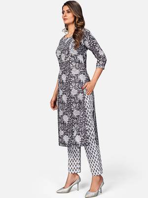 Women's Floral Print & Embroidered Straight Cotton Dark Grey Kurta With Pant 3