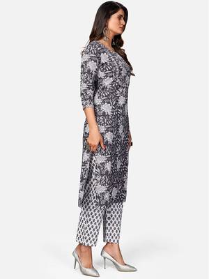Women's Floral Print & Embroidered Straight Cotton Dark Grey Kurta With Pant 4