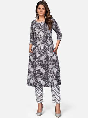 Women's Floral Print & Embroidered Straight Cotton Dark Grey Kurta With Pant 7