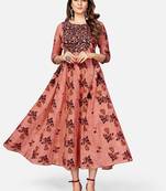 Women's Printed & Hand Work Anarkali Cotton Brown Kurta