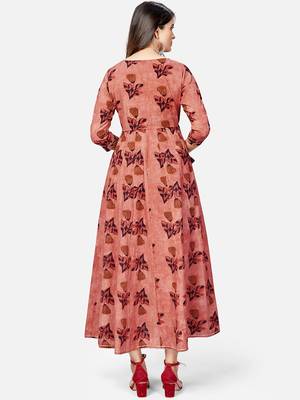 Women's Printed & Hand Work Anarkali Cotton Brown Kurta 2