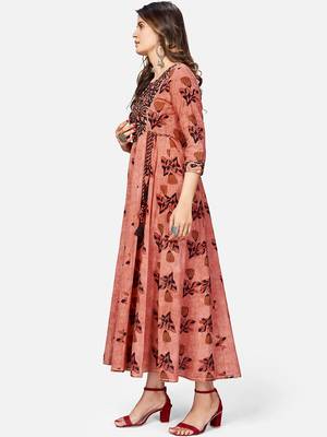 Women's Printed & Hand Work Anarkali Cotton Brown Kurta 3
