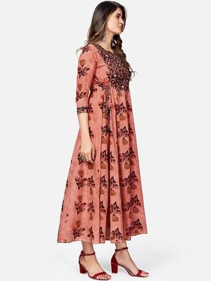 Women's Printed & Hand Work Anarkali Cotton Brown Kurta 4