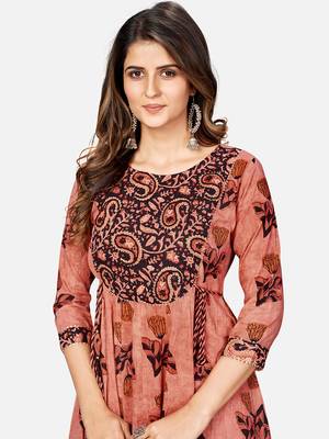 Women's Printed & Hand Work Anarkali Cotton Brown Kurta 5