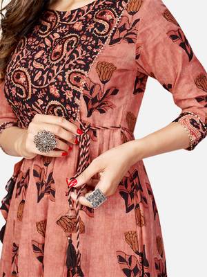Women's Printed & Hand Work Anarkali Cotton Brown Kurta 6