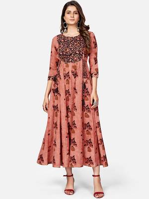 Women's Printed & Hand Work Anarkali Cotton Brown Kurta 7
