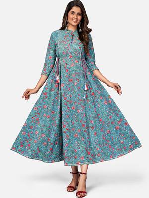 Women's Printed & Embroidered Anarkali Cotton Turquoise Kurta 1