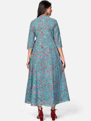 Women's Printed & Embroidered Anarkali Cotton Turquoise Kurta 2