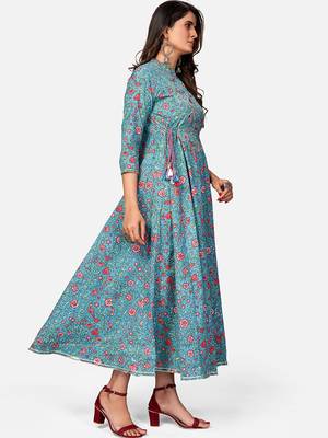 Women's Printed & Embroidered Anarkali Cotton Turquoise Kurta 3