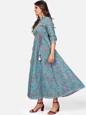 Women's Printed & Embroidered Anarkali Cotton Turquoise Kurta 4
