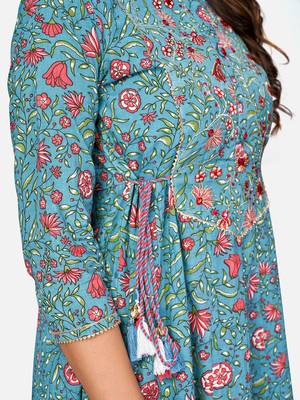Women's Printed & Embroidered Anarkali Cotton Turquoise Kurta 5