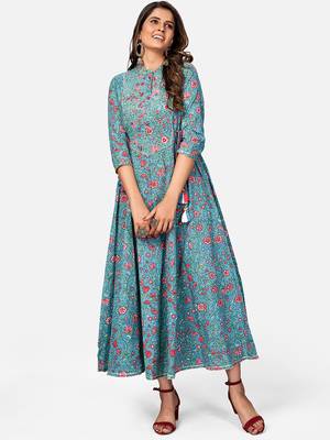 Women's Printed & Embroidered Anarkali Cotton Turquoise Kurta 6