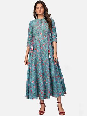 Women's Printed & Embroidered Anarkali Cotton Turquoise Kurta 7