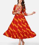 Women's Bandhani Printed & Embroidered Anarkali Rayon Red Kurta