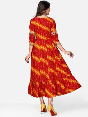 Women's Bandhani Printed & Embroidered Anarkali Rayon Red Kurta 2